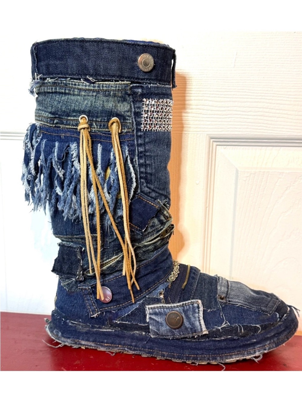 Custom Made Fringe Women’s Boot-Style Denim Jeans Repurposed Blue size 10